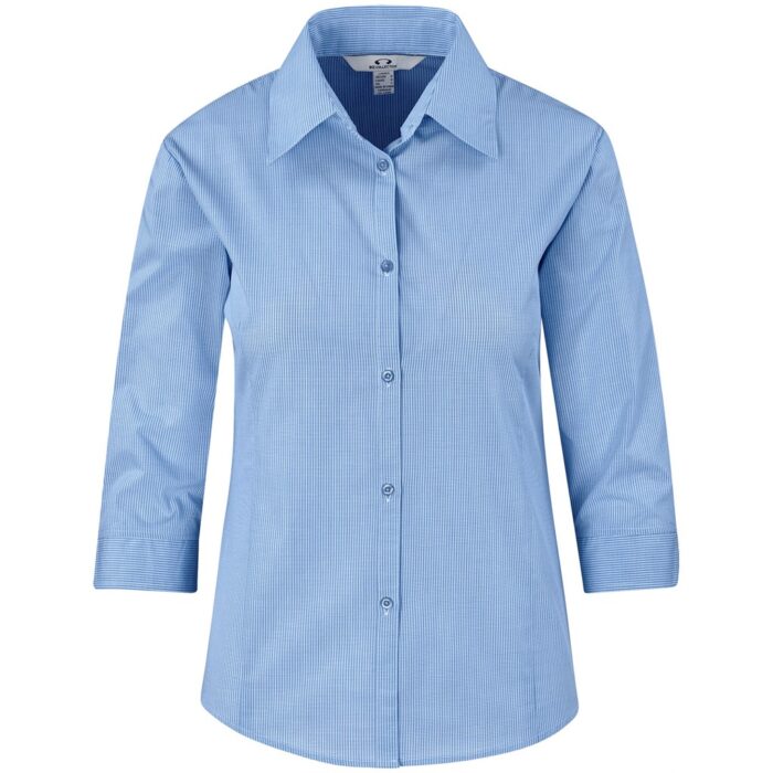 Ladies 3/4 Sleeve Micro Check Shirt - Light Blue - Image 1