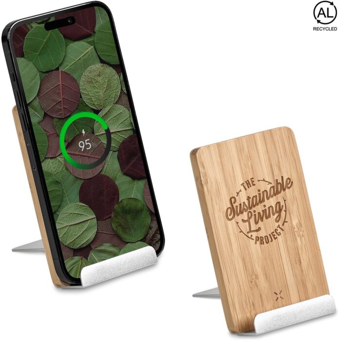 Okiyo Hakka Bamboo & Recycled Aluminium Wireless Charging Phone Stand - Image 1